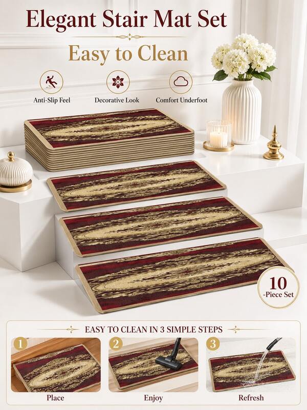 Elegant Stair Mat Set, 10 Piece Decorative Stair Treads For Home Entryway Floor Decor With Classic Pattern And Easy Care Design