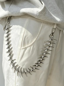 1pc Skull Metal Fishbone Style Pants Chain With Spliced Chain Design, Unisex Fashion Accessory, Best Gift - Silver - View 6