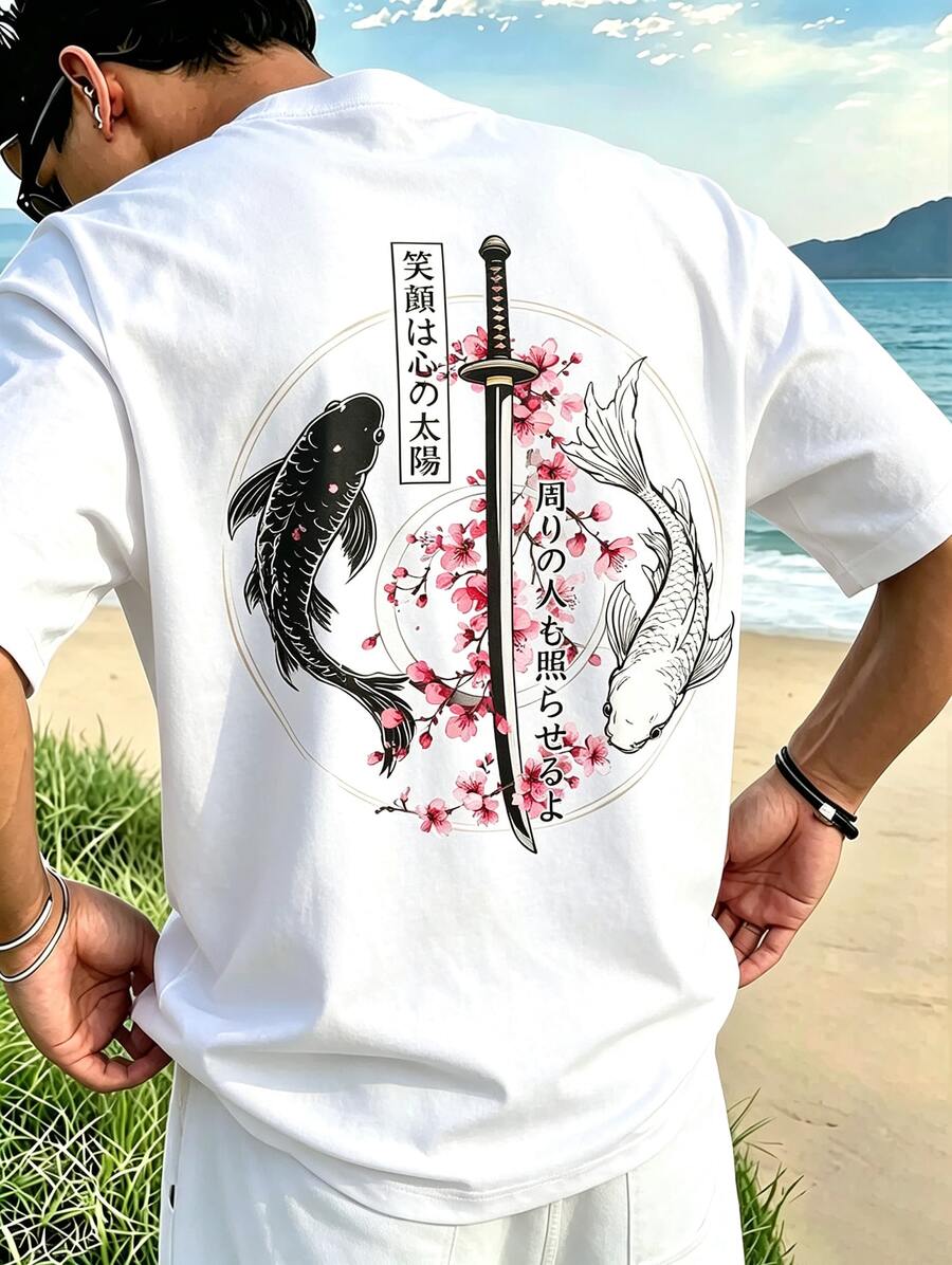 2026 Japanese Style Yin Yang Koi Fish Samurai Sword Print Streetwear Y2K Light Polyester Black Crew Neck T-Shirt For Men - 白色 - 查看 1