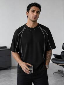 Blueprint Man 1pc Men's Black Waffle Knit Texture Contrast Stitch Rivet Short Sleeve T-Shirt, Loose Slimming Design, American Street Casual Style, Daily Summer - Black - View 4