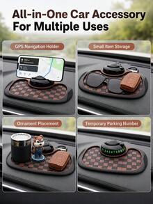 All-In-One Car Dashboard Storage Non-Slip Mat, Adjustable Spring Phone Holder, Fluorescent Hidden Parking Card, Plaid Non-Slip Car Dashboard Mat, Scratch-Resistant Easy Installation Car Accessories, Can Hold Phone, Keys, Glasses, Ornaments, Suitable For Most Car Models - A - View 8