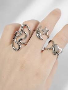 3 piezas Anillos apilables ajustables asimétricos con diseño hueco de estrella, luna y ráfaga, estilo Y2K de Halloween, estilo de fantasía y magia para fiestas y celebraciones - color acero - Ver 8