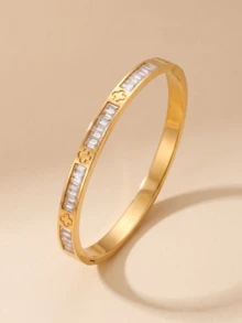 1/3pcs Vintage Elegant Zirconia Clover 316 Stainless Steel Bracelet, 18K Gold Plated Honeycomb Bracelet, Full Rhinestone Stainless Steel Bracelet Set, Minimalist Stackable Bracelet Set, Suitable For Women's Daily Wear, Gift For Girlfriend, Best Friend, Valentine's Day Gift, Wedding Season Gift, Family Gift, Summer Beach Bracelet Jewelry, Teen Jewelry, Waterproof And Fade-Resistant - Gold - View 6