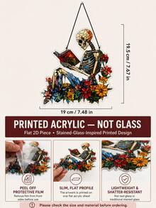 1pc Skull Solar Powered Window Hanging Decor, Floral Skull Reading Book Acrylic Pendant, Gothic Halloween Wall Decoration, Colorful Bohemian Witch Style Window Ornament, Spooky Home Room Porch Door Decor, Horror Fan Seasonal Gift, Garden Style Art Decoration - Style 1 - View 13