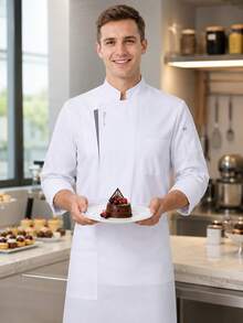 1pc Men's Solid Color Stand Collar Mid-Sleeve Chef Shirt, White Chef Jacket, Men's/Women's Chef Uniform, Casual And Minimalist Style, Suitable For Spring/Summer And All Seasons, Chef Uniform, Minimalist, Comfortable, Stain-Resistant, Oil-Resistant, Easy To Wash, Breathable, Durable, Non-Shrink, Easy Care, Professional Catering Apparel (White) - White - View 6