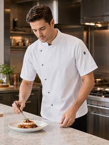 1 buah Jaket Koki Pria Lengan Pendek Warna Polos dengan Kerah Tegak, Seragam Koki Putih Unisex Cocok untuk Dapur, Pembuatan Kue, Restoran, dan Hotel - Putih - View 4