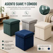 Puf baúl plegable 3 en 1 de terciopelo acolchado, taburete cuadrado almacenable 38*38*35 cm, asiento auxiliar con gran capacidad interior, disponible en 4 tonos elegantes - Blanco - Ver 5