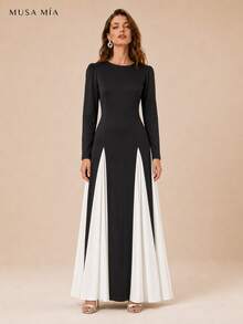 High Neck Velvet Color Block Chiffon Maxi Evening Dress - 黑色 - 查看 2