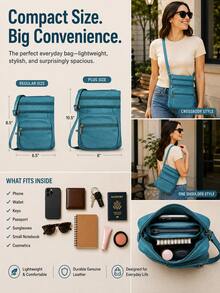 Women's Genuine Leather Crossbody Bag, Adjustable Shoulder Purse, Lightweight Travel Handbag For Work, Shopping & Daily Use - 淺藍色 - 查看 5