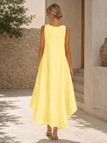 Women's Asymmetrical Dress, Sleeveless High Low Hem Beach Dress, Breathable Summer Midi Dress For Vacation Outfits Women And Resort Wear - 黃色-開叉 - 查看 4