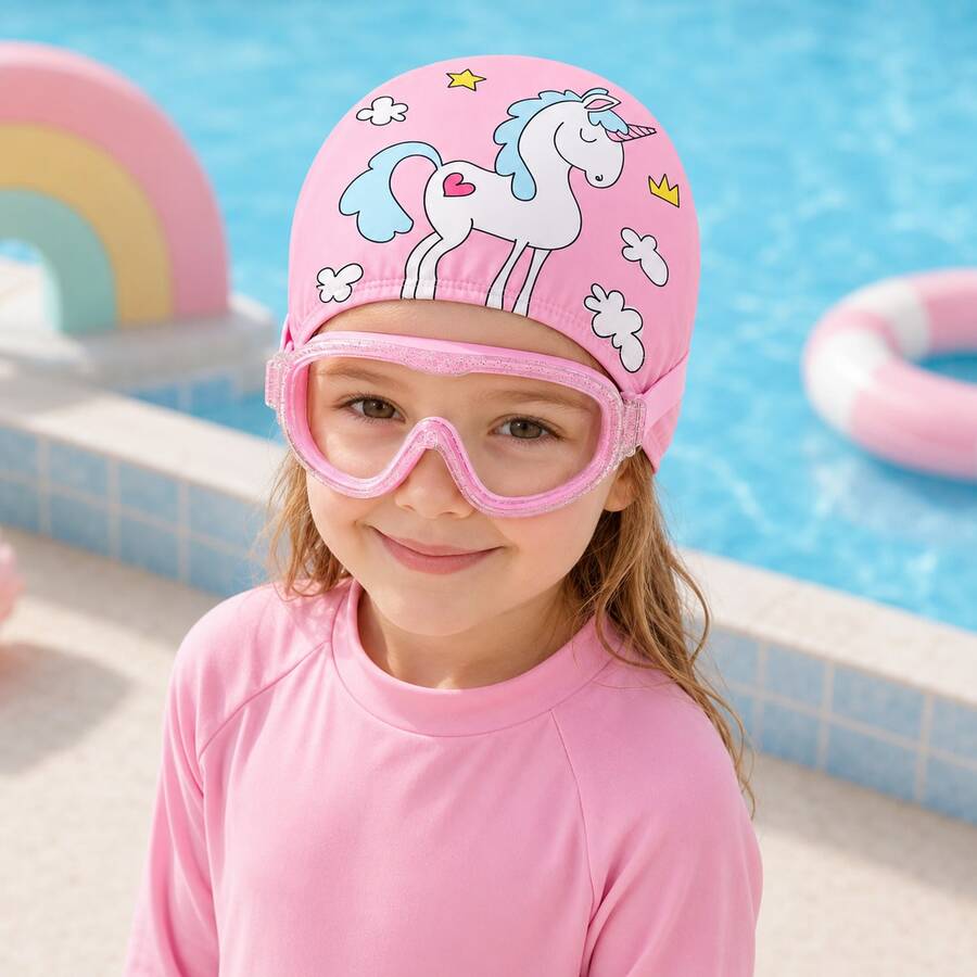 Set Kacamata Renang Anak, Kacamata Renang Motif Kartun Unicorn/Hiu dengan Topi Renang Kain, Tali yang Dapat Diatur, Perlengkapan Renang Anak, Hari Pertama Sekolah - Biru - View 1