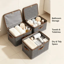 Abric Storage Box With Lid, Foldable Clothes Storage Organizer Bin With Leather Handle & Zipper, Large Capacity Closet Storage Container For Bedding Garments - Brown - View 11