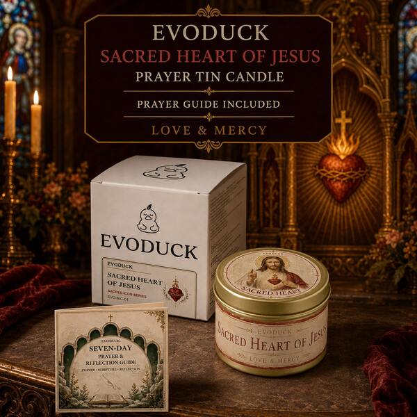 EVODUCK 1pc Sacred Heart Of Jesus Prayer Tin Candle With Seven Day Prayer & Reflection Guide Booklet, Sagrado Corazon Catholic Devotional Candle For Home Altar Prayer Corner Living Room Shelf Decor, Valentines Day Birthday Gift For Catholic Mom Wife Friend