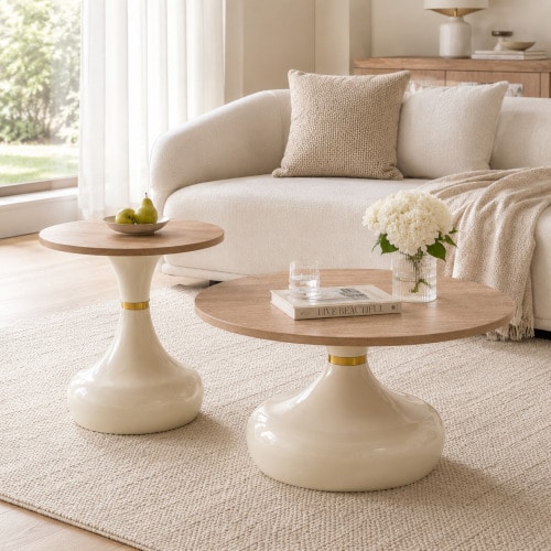 A Set Of Two Luxurious, Bottle-Shaped Coffee Tables. Tabletops Made Of Wood With A Travertine Finish, Combined With A White Lacquered Metal Frame. Not Suitable For Living Rooms And Dining Rooms.