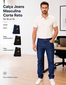 Calça Jeans Masculina Elastano Lycra Reta Tradicional Azul Confortável Trabalho Promoção - Azul - Visão 5