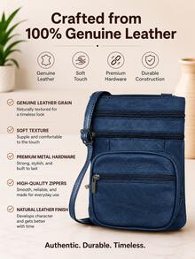Women's Genuine Leather Crossbody Bag, Adjustable Shoulder Purse, Lightweight Travel Handbag For Work, Shopping & Daily Use - 藏蓝色 - 查看 3
