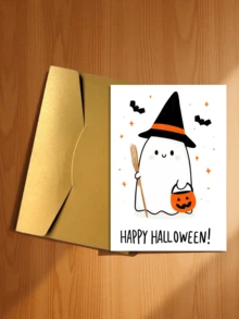 1pc Cute Watercolor Ghost, Pumpkin, Bat Greeting Card With Envelope, Autumn Floral Crown Little Ghost Postcard, Festive Halloween Invitation & Blessing Card For Friends And Children - A - View 12