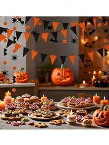 1pc Halloween Triangle Flag Decoration, Bat & Spider Silhouette Hanging Garland, Orange & Black Felt Triangle Banner, Indoor Home Fireplace Window Ceiling Party Backdrop Decor, Suitable For Halloween Celebration - Multicolor - View 2