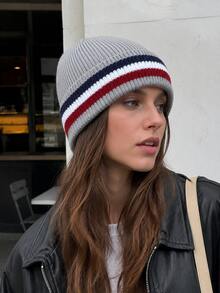 1pc Classic Striped Knit Beanie For Men And Women, Ribbed Cuff Warm Skull Cap, Stretch Fit Streetwear Hat For Fall Winter Travel And Outdoor Wear - A - View 4