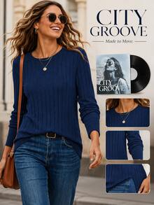 Ribbed Crew Neck T-Shirt Elegant Long Sleeve Top Spring Autumn Two Seasons Autumn Winter Knitted Ribbed Base Shirt Solid Color Crew Neck Elastic - الأزرق - مشاهدة 1