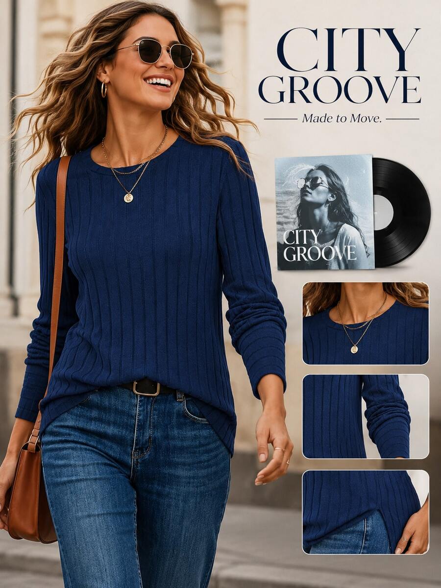 Ribbed Crew Neck T-Shirt Elegant Long Sleeve Top Spring Autumn Two Seasons Autumn Winter Knitted Ribbed Base Shirt Solid Color Crew Neck Elastic - الأزرق - مشاهدة 1