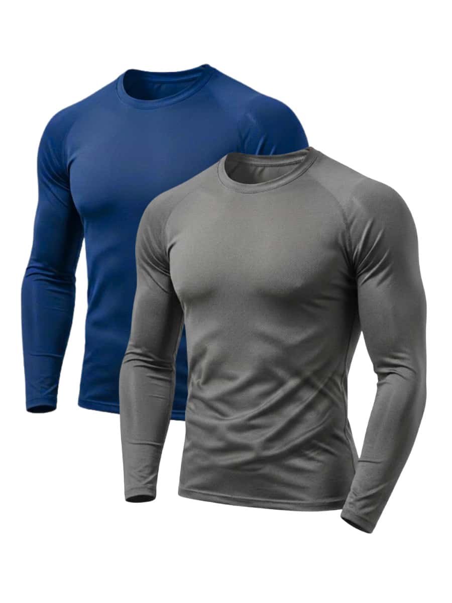KIT e Unidade Camisas Manga Longa Dry Fit UV50 Academia Pesca Caminhada Treino Corrida Poliéster   Outono  Primavera  Verão  Inverno    Slim Fit - Azul e Cinza - Visão 1