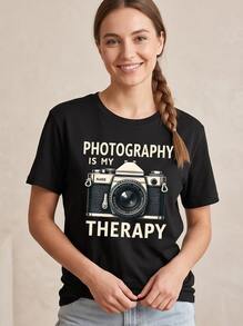 Women's Round Neck Short Sleeve Casual Tee, Relax Photo Print, Machine Washable Versatile Top For All Seasons Including Autumn Outfits - 黑色 - 查看 2