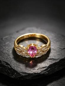 Copper Plated 18K Gold Water Drop Pink Cubic Zirconia Butterfly Ring For Women, Pear-Shaped Pink Gemstone Full Diamond Butterfly Inlaid White Diamond Ring, French Vintage Luxury Jewelry, Suitable For Dating, Evening Party, Wedding, Valentine's Day Gift For Girlfriend, Fade-Resistant Atmospheric Gemstone Jewelry - Gold - View 3