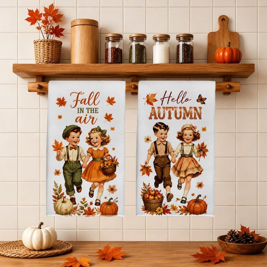 2pcs Kitchen Towels Autumn Harvest Maple Leaf Pumpkin Boy Girl Pattern, Minimalist Style Rectangular Microfiber, Dish Cloth, Scrubbing Cloth, Hand Towel, Cooking Baking Tea Towel, Autumn Thanksgiving Kitchen Decor, Housewarming Gift, Birthday Gift, Bathroom Cleaning Cloth, Decorative Towel - White - View 1