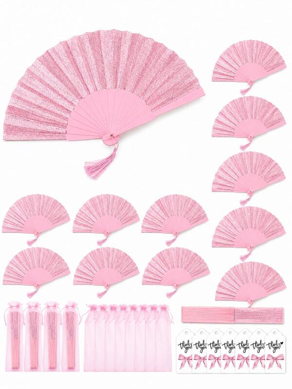 1/3/9/15/30pcs Pink Glitter Wedding Folding Fan Favor Set, Includes Pink Organza Gift Bag, Thank You Tag And Tassel, Suitable For Wedding Guest Gifts, Bridesmaid Gifts, Bridal Shower And Summer Wedding