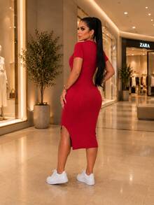 Midi Dress With Side Opening In Wrinkled Ana Fabric - Rojo - Ver 3