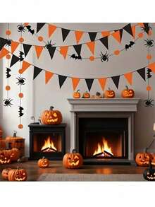 1pc Halloween Triangle Flag Decoration, Bat & Spider Silhouette Hanging Garland, Orange & Black Felt Triangle Banner, Indoor Home Fireplace Window Ceiling Party Backdrop Decor, Suitable For Halloween Celebration - Multicolor - View 4