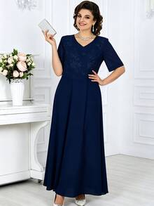Elegant Plus Size Mother Of The Bride Gown With Embroidered Jacket, V-Neck Dress, Suitable For Formal Occasions - Navy Blue - View 4