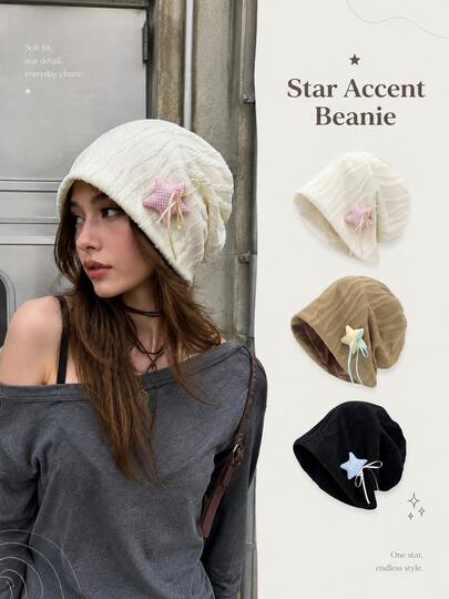 1pc Vintage Sweet Cool Star & Bow Decor Knitted Beanie, Soft Warm Loose Slouchy Hat, Women's Autumn/Winter Commute Travel Street Style Essential