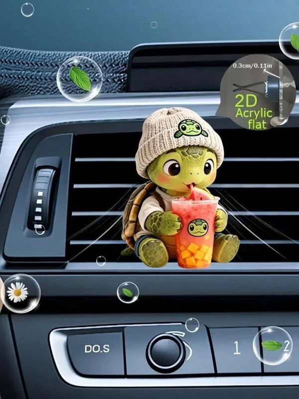Cartoon Turtle Drinking Milk Tea Car Air Vent Fragrance Clip, 2D Flat Acrylic Car Air Conditioner Decor, DIY Customizable Scented Sponge Core, Slim Non-Blocking Design, Easy Installation Universal Car Accessory