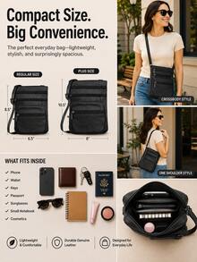 Women's Genuine Leather Crossbody Bag, Adjustable Shoulder Purse, Lightweight Travel Handbag For Work, Shopping & Daily Use - 黑色 - 查看 5