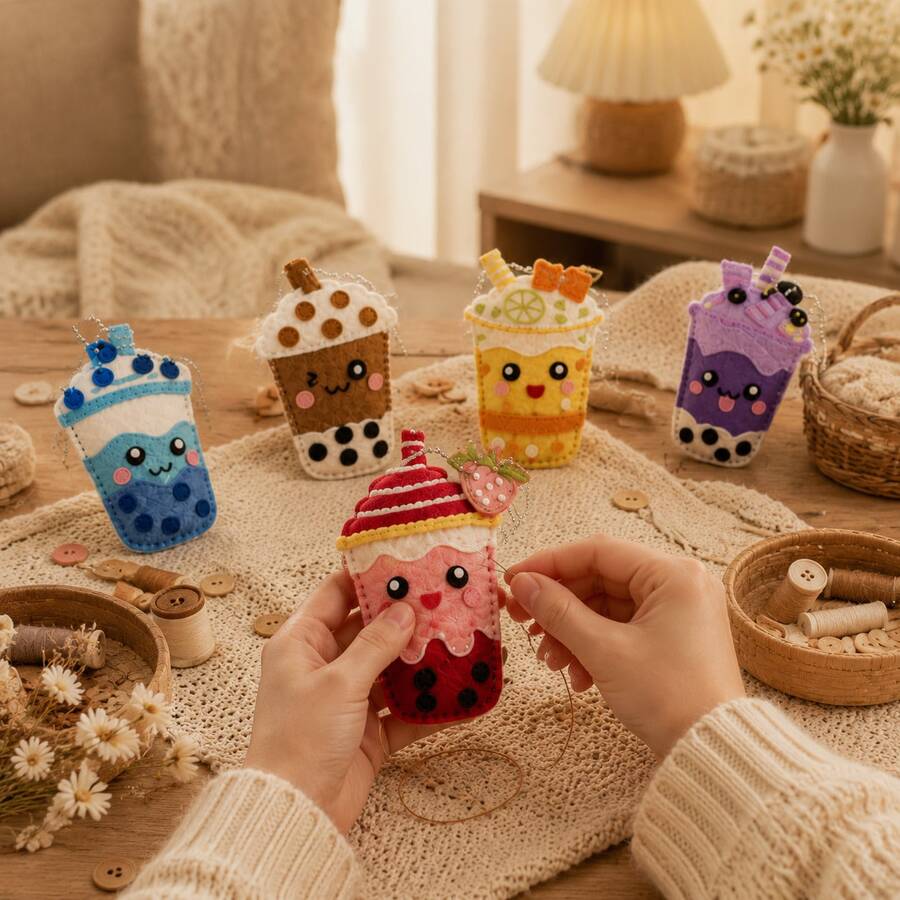 Children's First Sewing Project - 6pcs Cute Pearl Milk Tea Plush Pendant Sewing Kit, Suitable For 5-10 Years Old Kids DIY Beginner Gift
