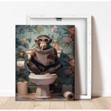 1件帆布壁畫，裝飾畫，海報，壁畫，動物主題，可愛猴子在馬桶上讀報紙 - 帆布壁畫，非常適合現代客廳、臥室、浴室裝飾和禮物，裝飾藝術風格，現代風格，極簡風格，動物主題，秋季、春季禮物，生日畢業禮物 - 彩色 - 查看 4