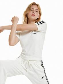 Adidas 三葉草夏季新款條紋休閒圓領衫百搭寬鬆女子運動短袖T卹 - 白色 - 查看 3