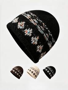 1pc Knitted Beanie Hat, Warm Hat For Autumn/Winter, Outdoor Warm Hat, Street Vintage Rolled Edge Jacquard Knitted Hat, Winter Warm Beanie With Large Head Circumference And Face-Slimming Effect - Multicolor - View 5
