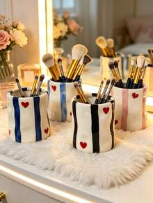 Hand Drawn Striped Heart Ceramic Makeup Brush Holder, Wavy Texture Cosmetic Organizer Cup, Aesthetic Vanity Desk Storage Pot, Cute Decorative Pen Holder For Bedroom Dresser - Multicolor - View 2