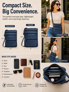 Women's Genuine Leather Crossbody Bag, Adjustable Shoulder Purse, Lightweight Travel Handbag For Work, Shopping & Daily Use - 藏蓝色 - 查看 5