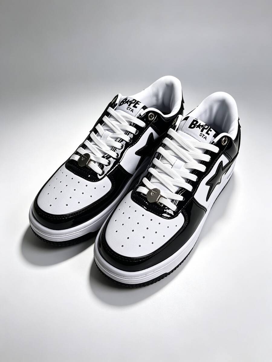 A BATHING APE Ape Brand Men's BAPE STA Low-Top Retro Style Casual Skate Shoes, Black & White - Black - View 1