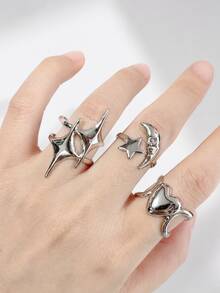3 piezas Anillos apilables ajustables asimétricos con diseño hueco de estrella, luna y ráfaga, estilo Y2K de Halloween, estilo de fantasía y magia para fiestas y celebraciones - color acero - Ver 12