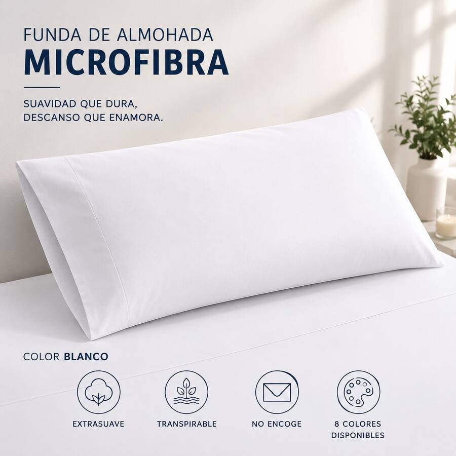 Funda de Almohada  de Microfibra – Suave, Cómoda y Transpirable – Disponible en 70/90/105/135/150 cm - blanco - Ver 1