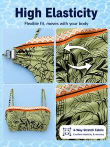 Summer New Elegant Casual High Elastic Tropical Print Bandeau Bikini Set With Decorative Trim, Beach Vacation Party Outfit - Multicolor - View 7