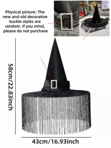 1pc Halloween Pleated Witch Hat, Witch Hat, Holiday Party Costume, Black Tassel Wizard Hat - View 7