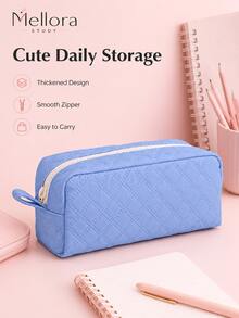 Estuche para lápices Mellora acolchado con patrón de diamante engrosado, 3 colores disponibles: beige, azul, rosa, bolsa de almacenamiento de papelería de gran capacidad con forro, asa de anillo y cremallera suave, caja organizadora rectangular individual para el hogar, la oficina y artículos pequeños de uso diario - Varios estilos - Ver 2