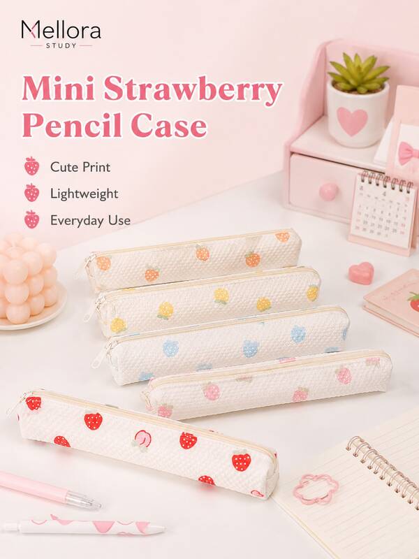 Mellora Strawberry Print Mini Pencil Case, 5 Colors Red Orange Yellow Blue Pink Lightweight Bubble Fabric Stationery Bag Smooth Zipper Slim Long Storage Pouch For Household Office Daily Small Supplies Organizing