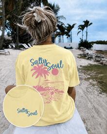 Women's Yellow Salty Soul Palm Tree Graphic T-Shirt, Oversized Short Sleeve Tee, Vacation Outfits Women, Back To School Clothes, Fall Casual Top - 黃色 - 查看 1